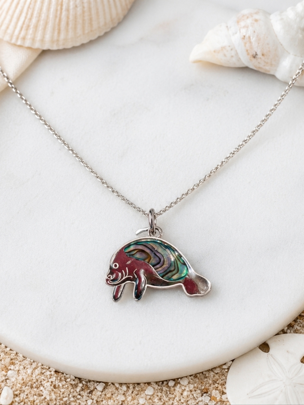 NWT Beach Chic Manatee Necklace 16” Silver Tone Abalone Shell Coastal Charm